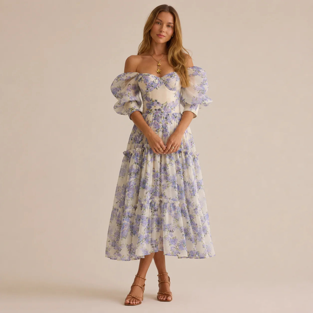 Floral off-shoulder evening dress
