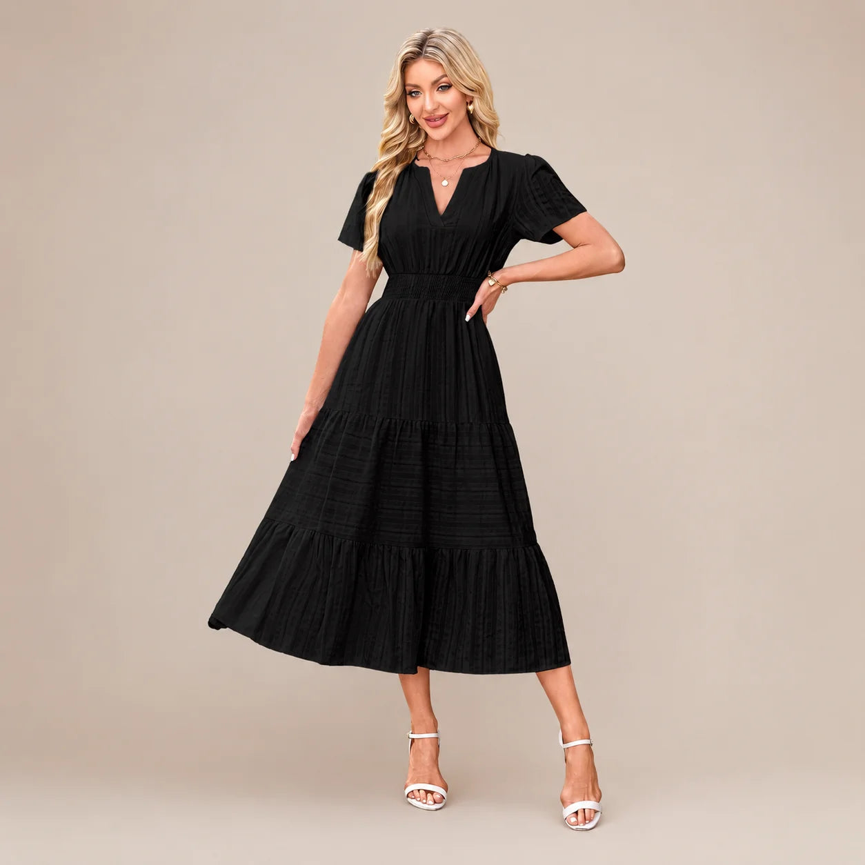 Casual Maxi Dress Lightweight Short Sleeve V Neck Boho Dress with Pockets