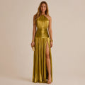 Metallic Olive Gold Pleated Halter Maxi Dress