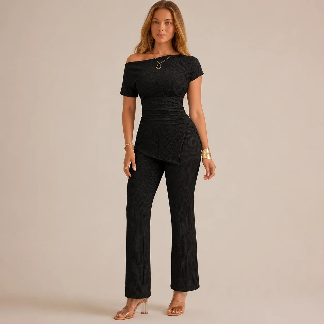 Solid Color Off-Shoulder Neckline Slit 2-Piece Set