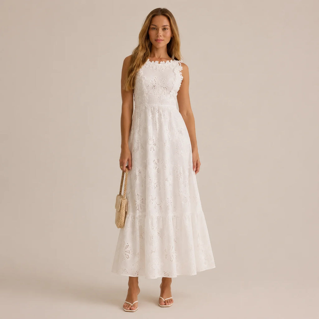 Elegant Crochet Eyelet White Maxi Dress
