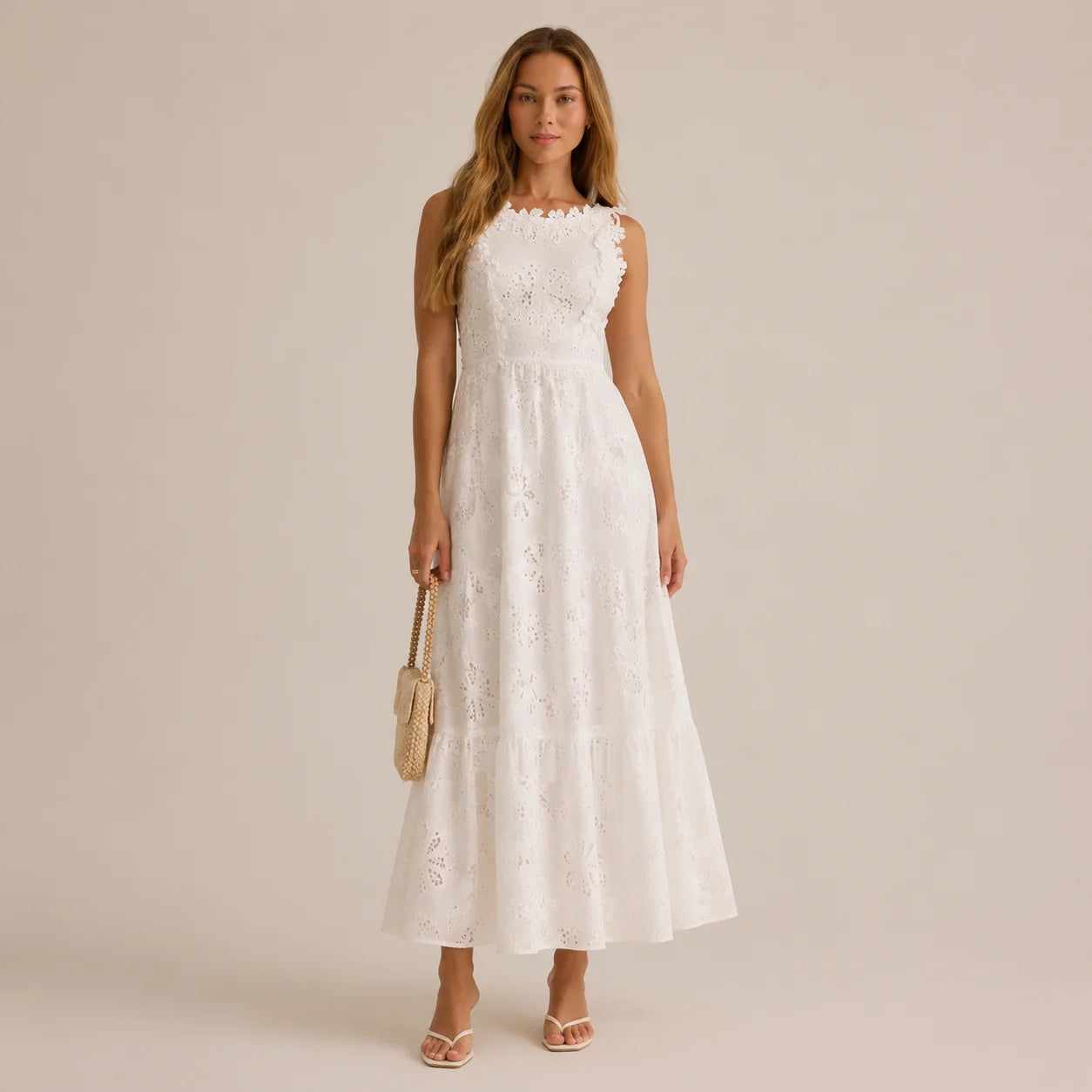 Elegant Crochet Eyelet White Maxi Dress