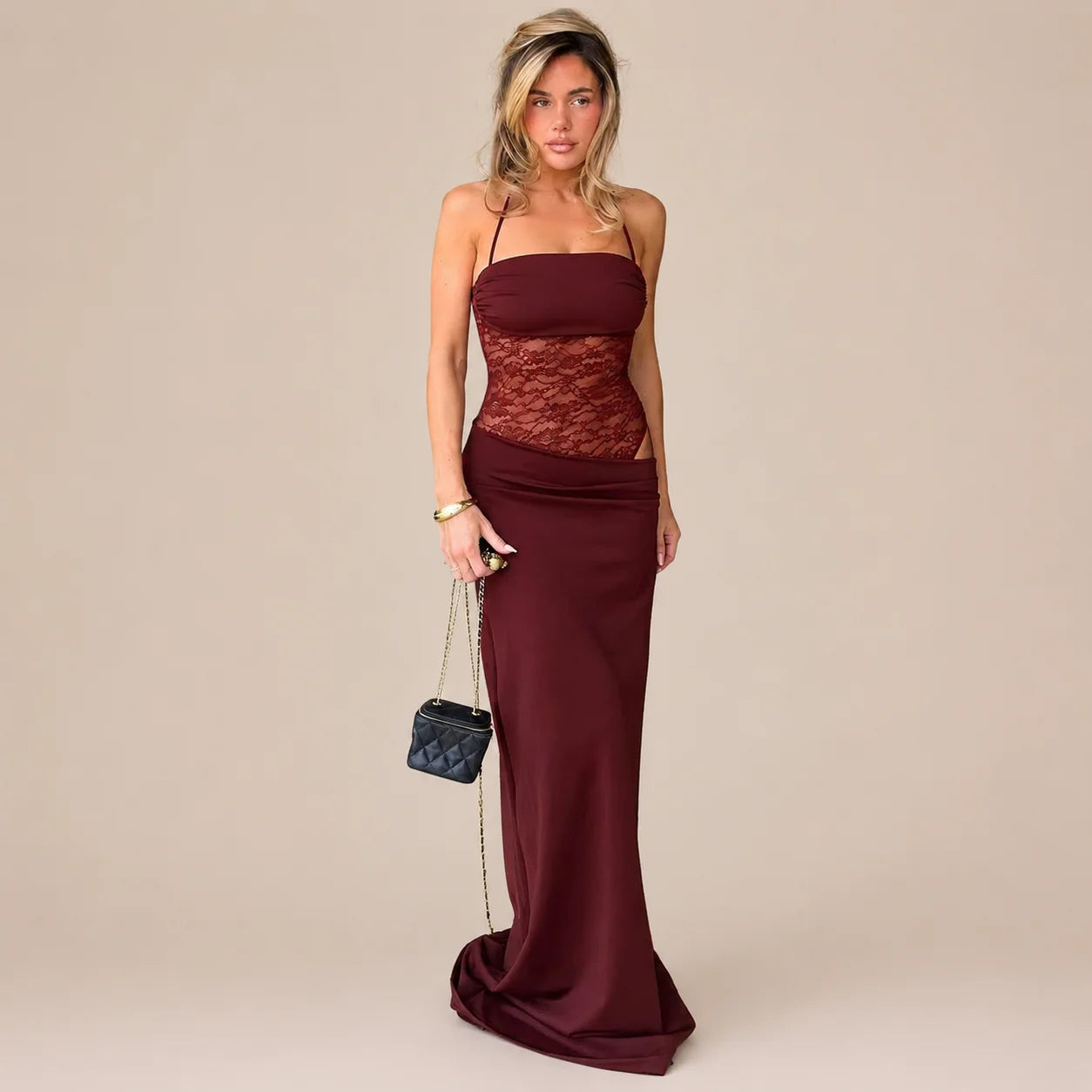 Lace Cutout Sleeveless Fitted Slip Dress