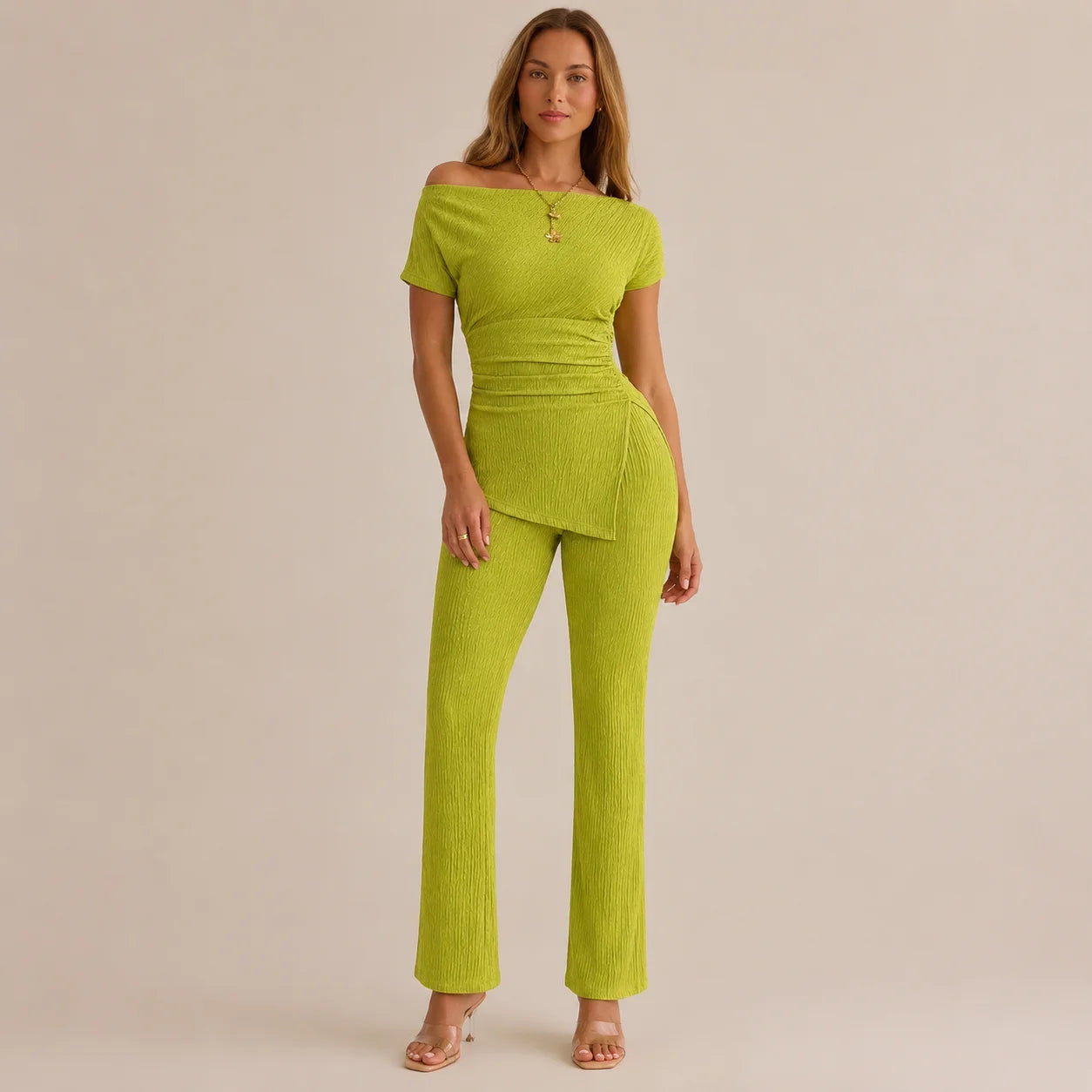 Solid Color Off-Shoulder Neckline Slit 2-Piece Set