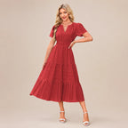 Casual Maxi Dress Lightweight Short Sleeve V Neck Boho Dress with Pockets