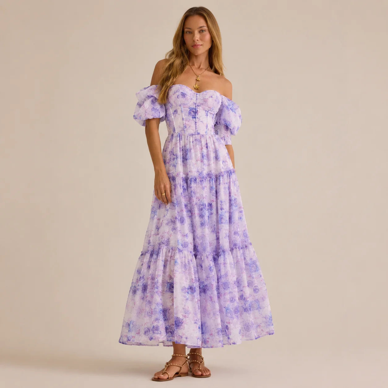 Floral off-shoulder evening dress