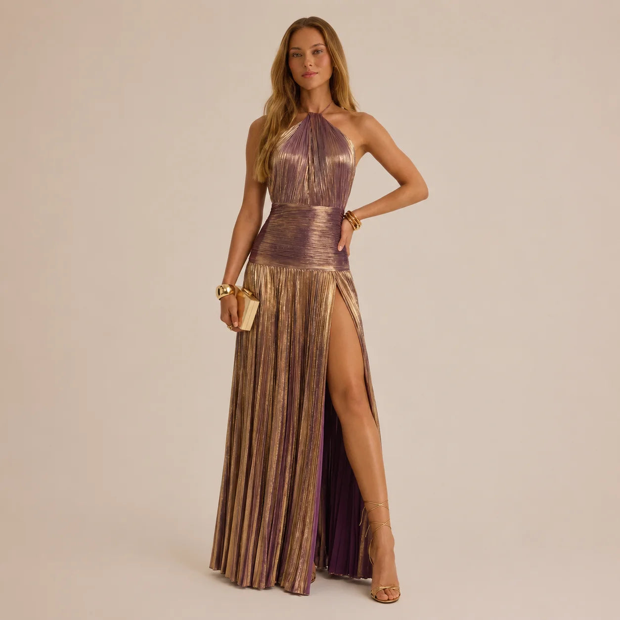Metallic Olive Gold Pleated Halter Maxi Dress
