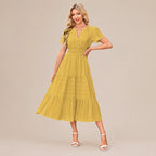 Casual Maxi Dress Lightweight Short Sleeve V Neck Boho Dress with Pockets