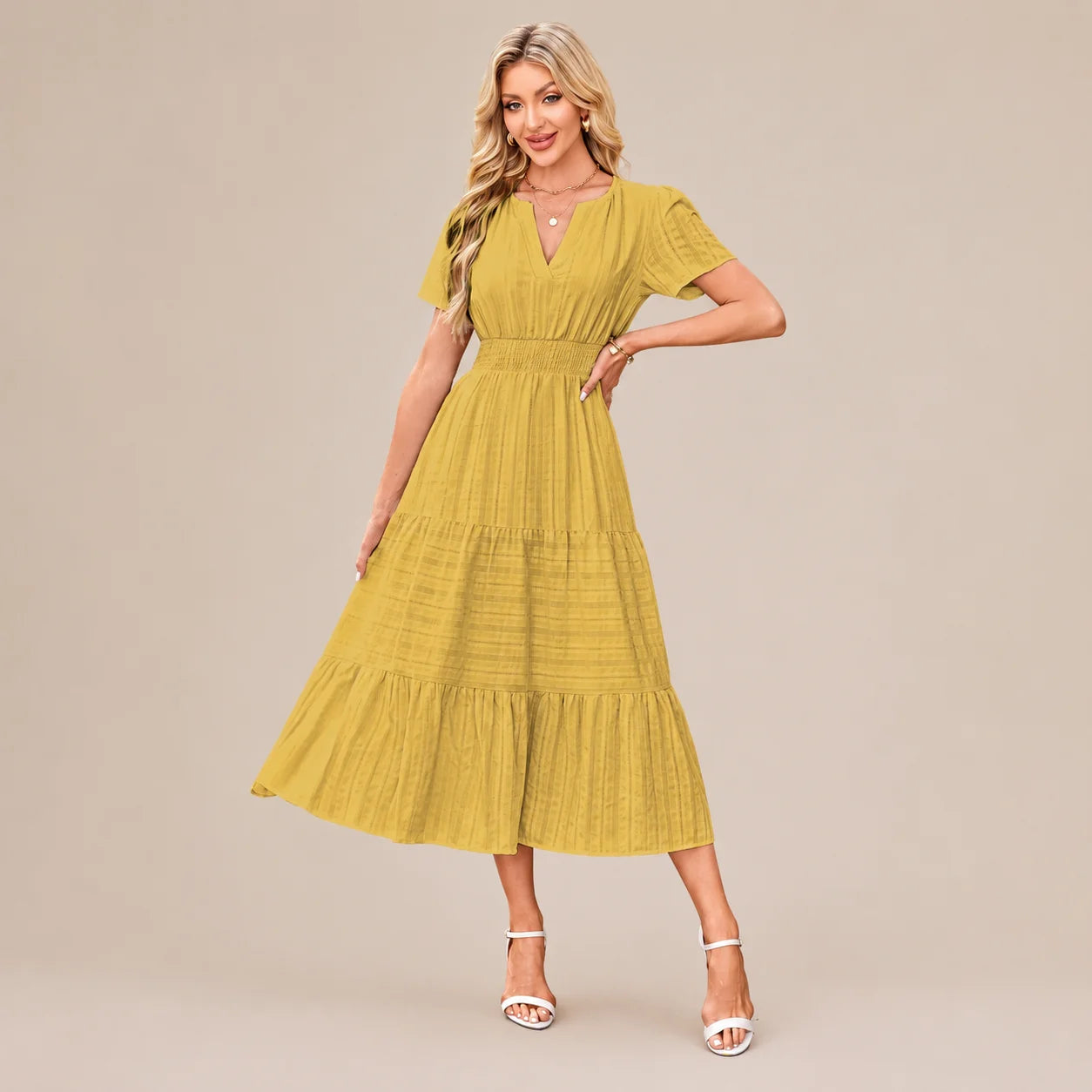 Casual Maxi Dress Lightweight Short Sleeve V Neck Boho Dress with Pockets
