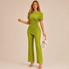 Solid Color Off-Shoulder Neckline Slit 2-Piece Set