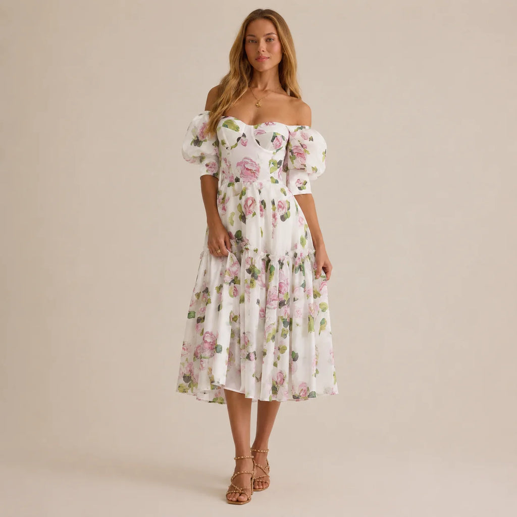 Floral off-shoulder evening dress