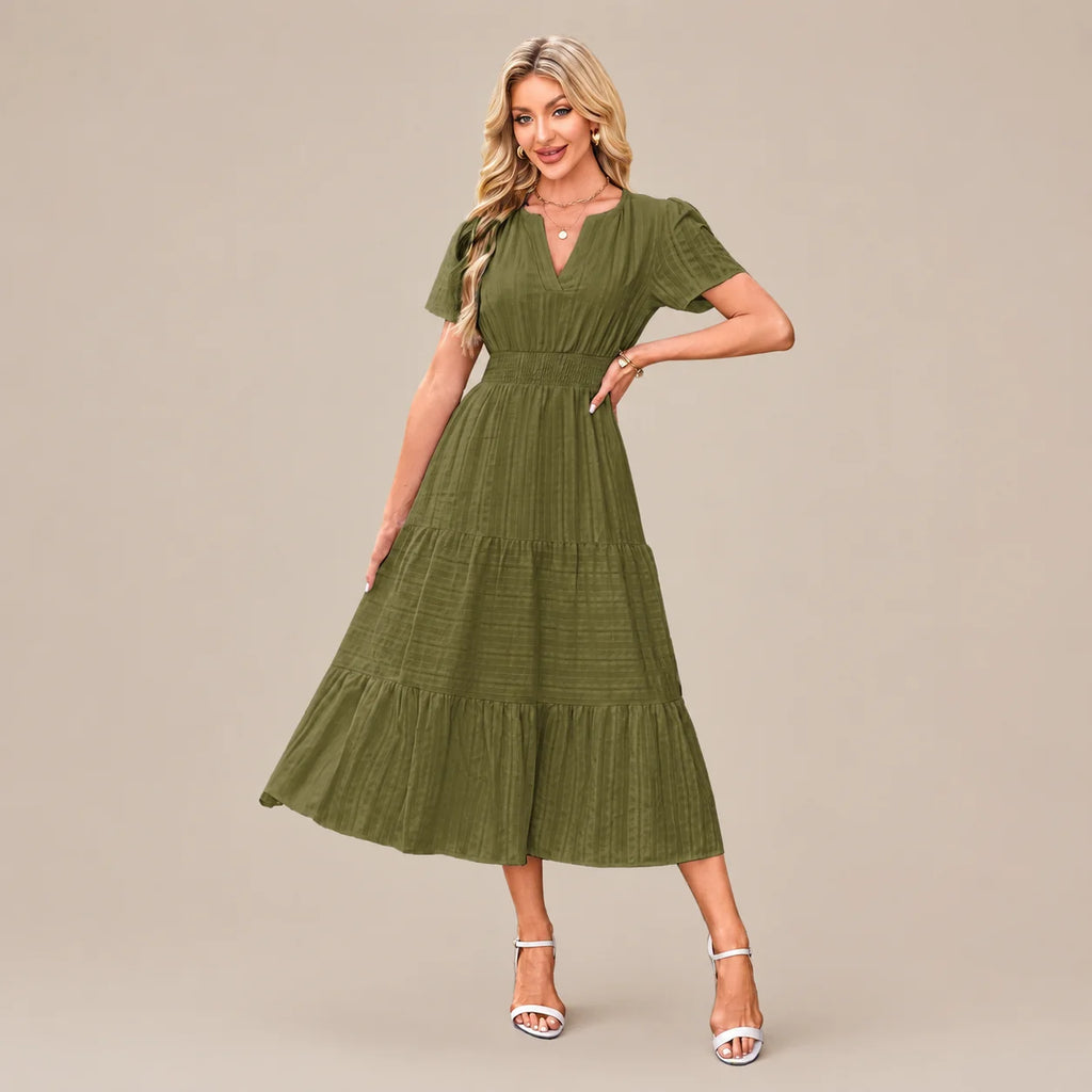 Casual Maxi Dress Lightweight Short Sleeve V Neck Boho Dress with Pockets