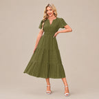 Casual Maxi Dress Lightweight Short Sleeve V Neck Boho Dress with Pockets