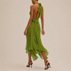 Solid-Color Backless Ruffled Slim-Fit Maxi Dress