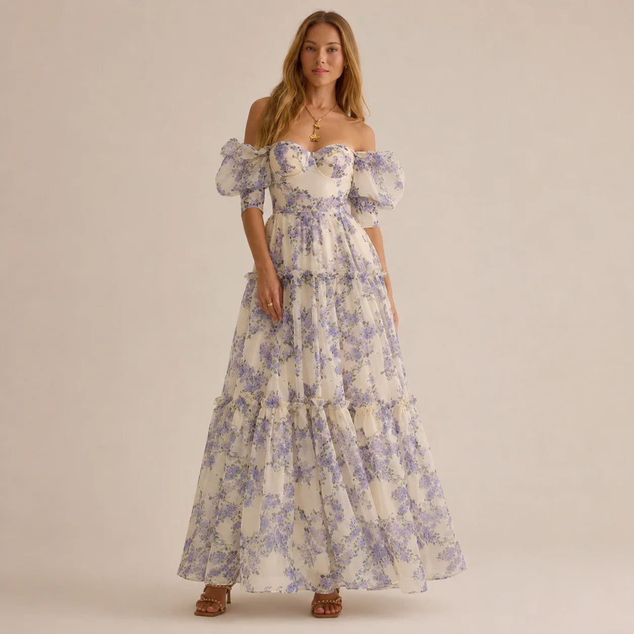 Floral off-shoulder evening dress