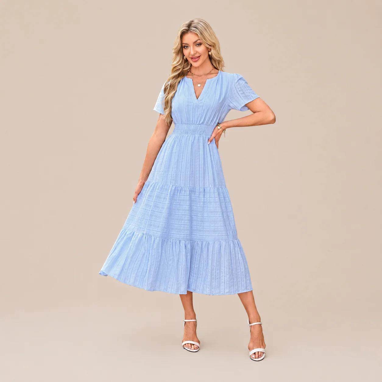 Casual Maxi Dress Lightweight Short Sleeve V Neck Boho Dress with Pockets