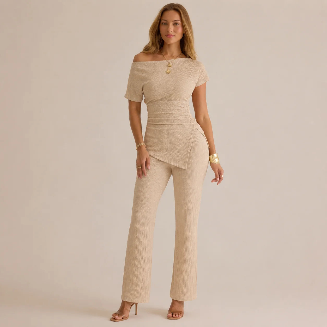 Solid Color Off-Shoulder Neckline Slit 2-Piece Set