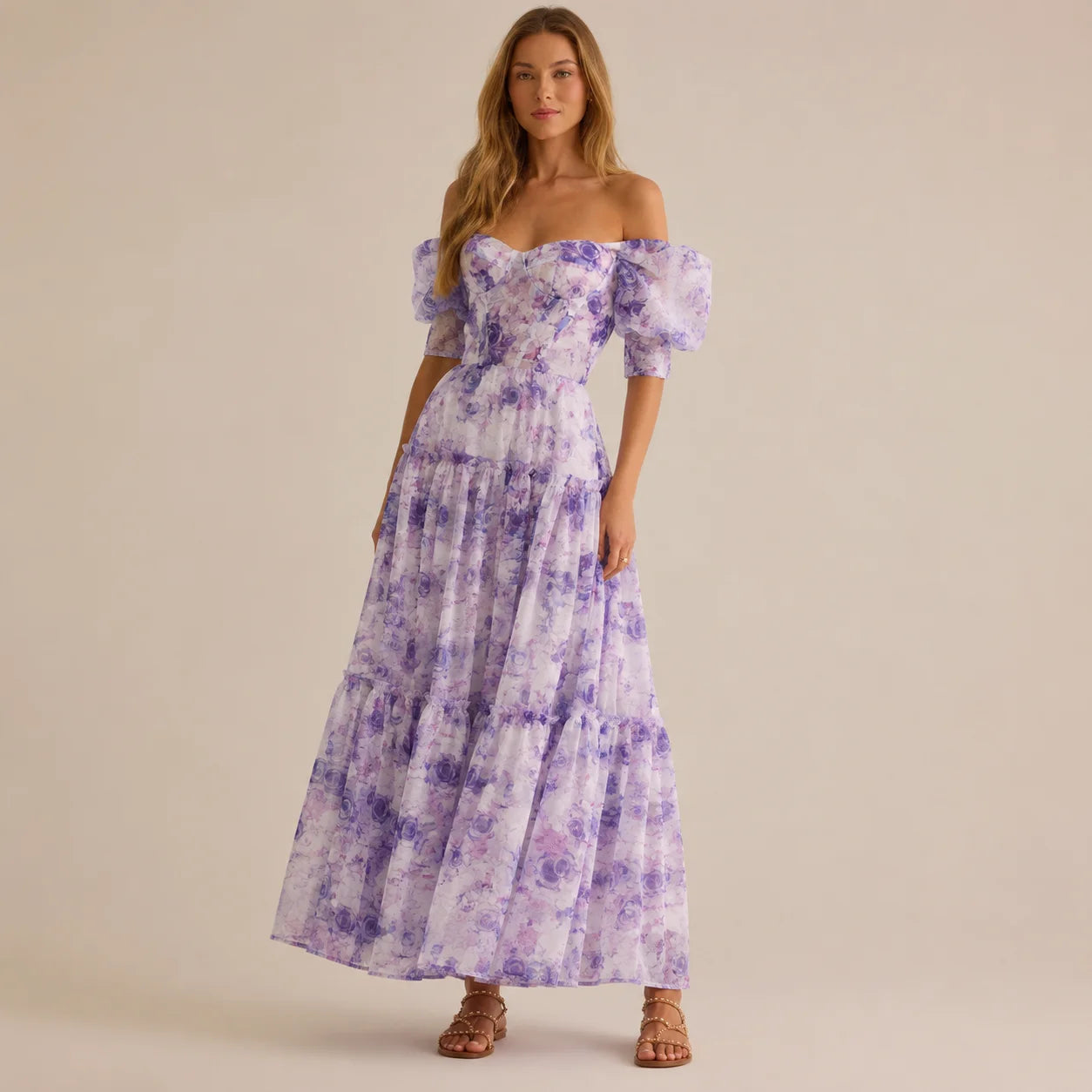 Floral off-shoulder evening dress