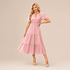 Casual Maxi Dress Lightweight Short Sleeve V Neck Boho Dress with Pockets