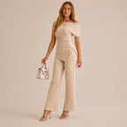 Solid Color Off-Shoulder Neckline Slit 2-Piece Set