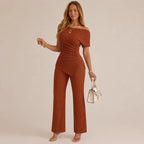 Solid Color Off-Shoulder Neckline Slit 2-Piece Set