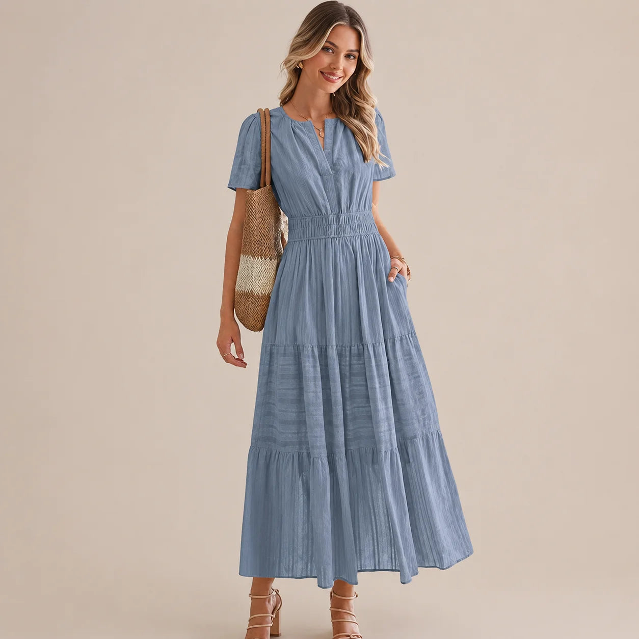 Casual Maxi Dress Lightweight Short Sleeve V Neck Boho Dress with Pockets