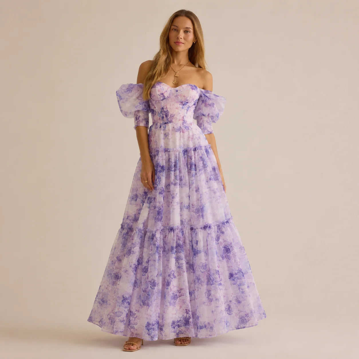 Floral off-shoulder evening dress