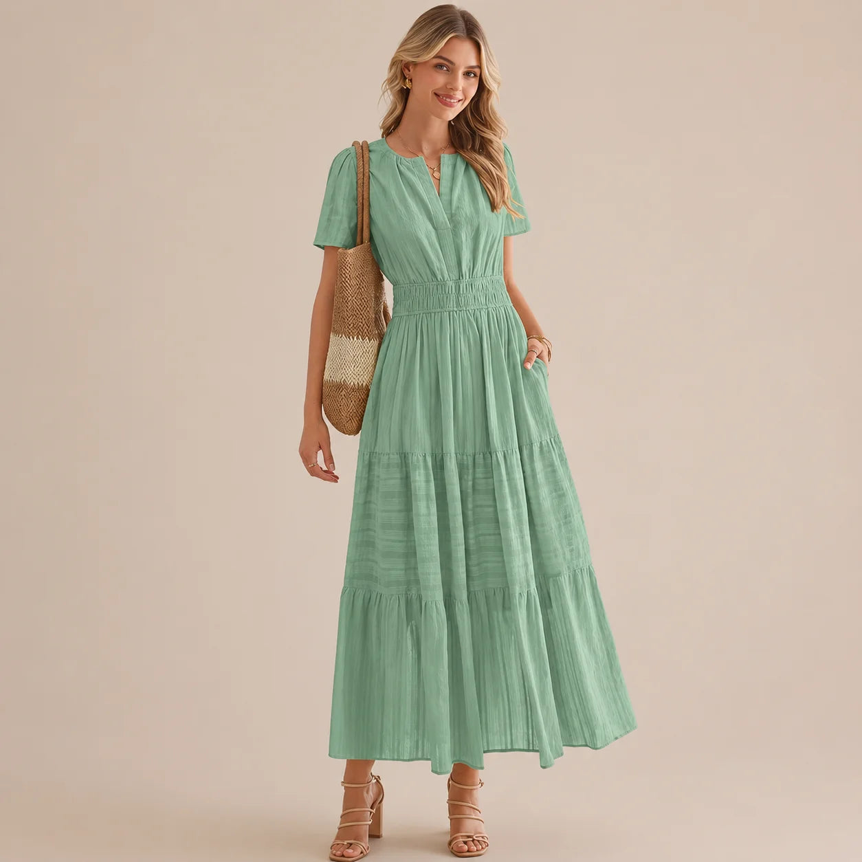 Casual Maxi Dress Lightweight Short Sleeve V Neck Boho Dress with Pockets