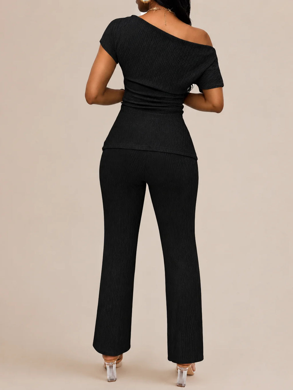 Solid Color Off-Shoulder Neckline Slit 2-Piece Set