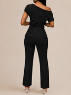 Solid Color Off-Shoulder Neckline Slit 2-Piece Set