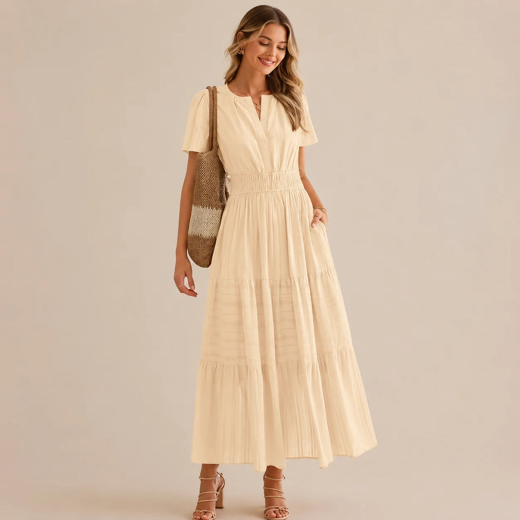 Casual Maxi Dress Lightweight Short Sleeve V Neck Boho Dress with Pockets