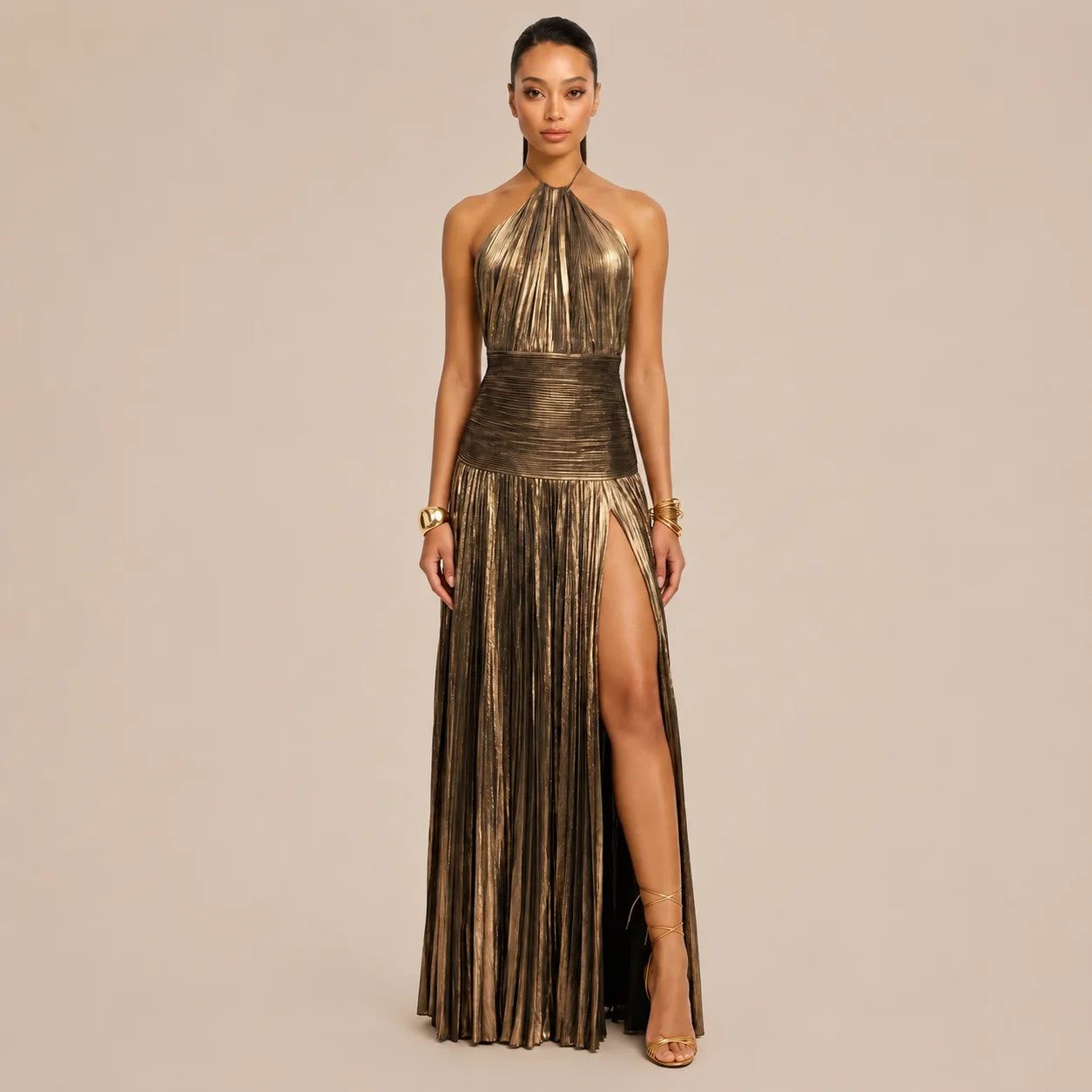 Metallic Olive Gold Pleated Halter Maxi Dress
