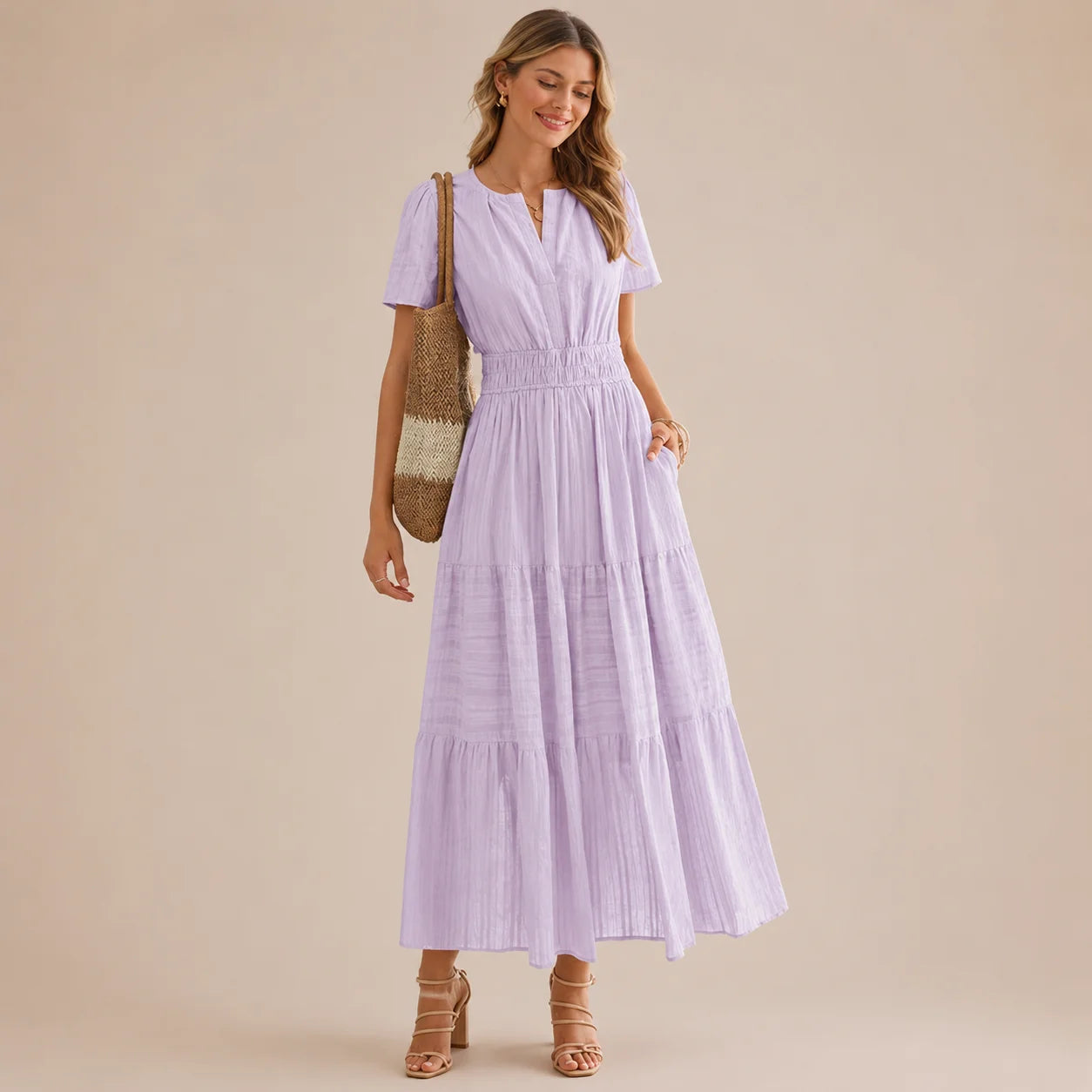 Casual Maxi Dress Lightweight Short Sleeve V Neck Boho Dress with Pockets