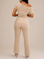 Solid Color Off-Shoulder Neckline Slit 2-Piece Set