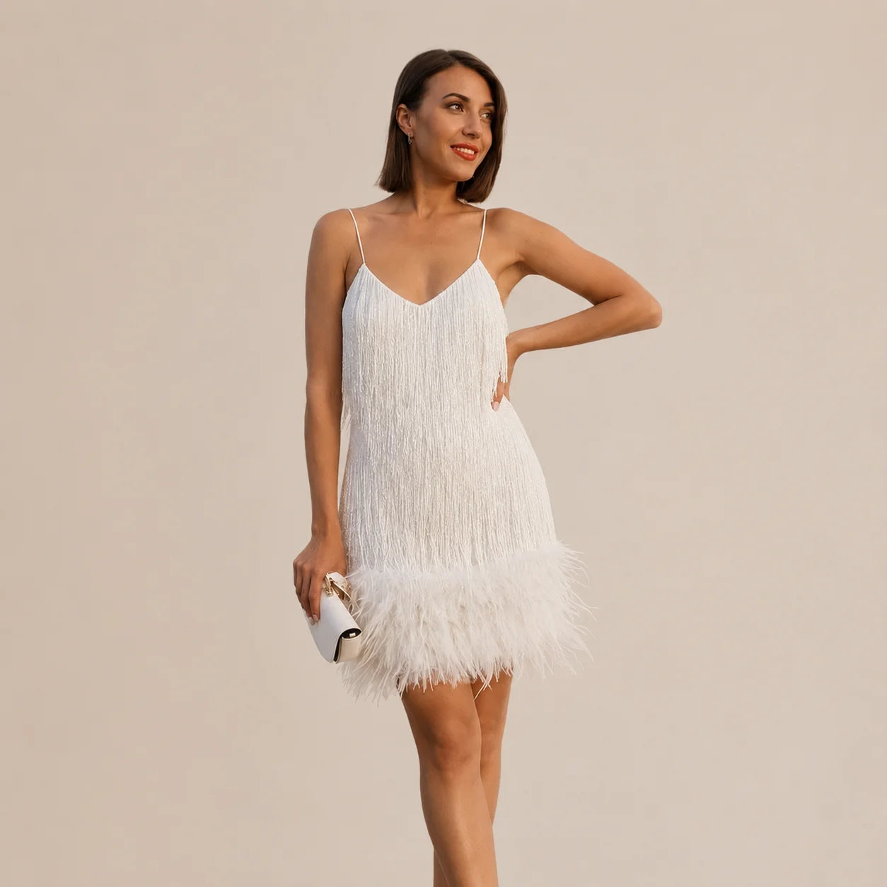 Sexy V-Neck Slip Dress With Feathers