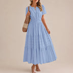 Casual Maxi Dress Lightweight Short Sleeve V Neck Boho Dress with Pockets