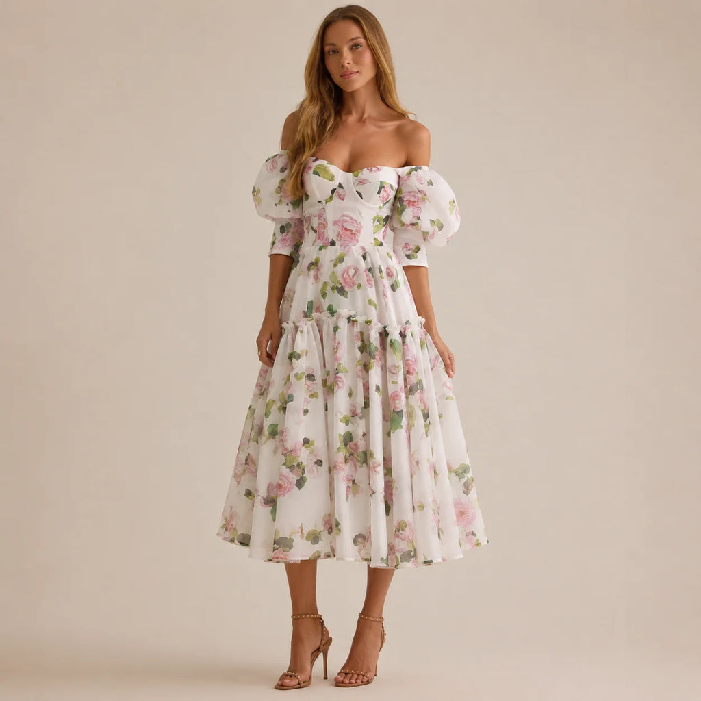 Floral off-shoulder evening dress