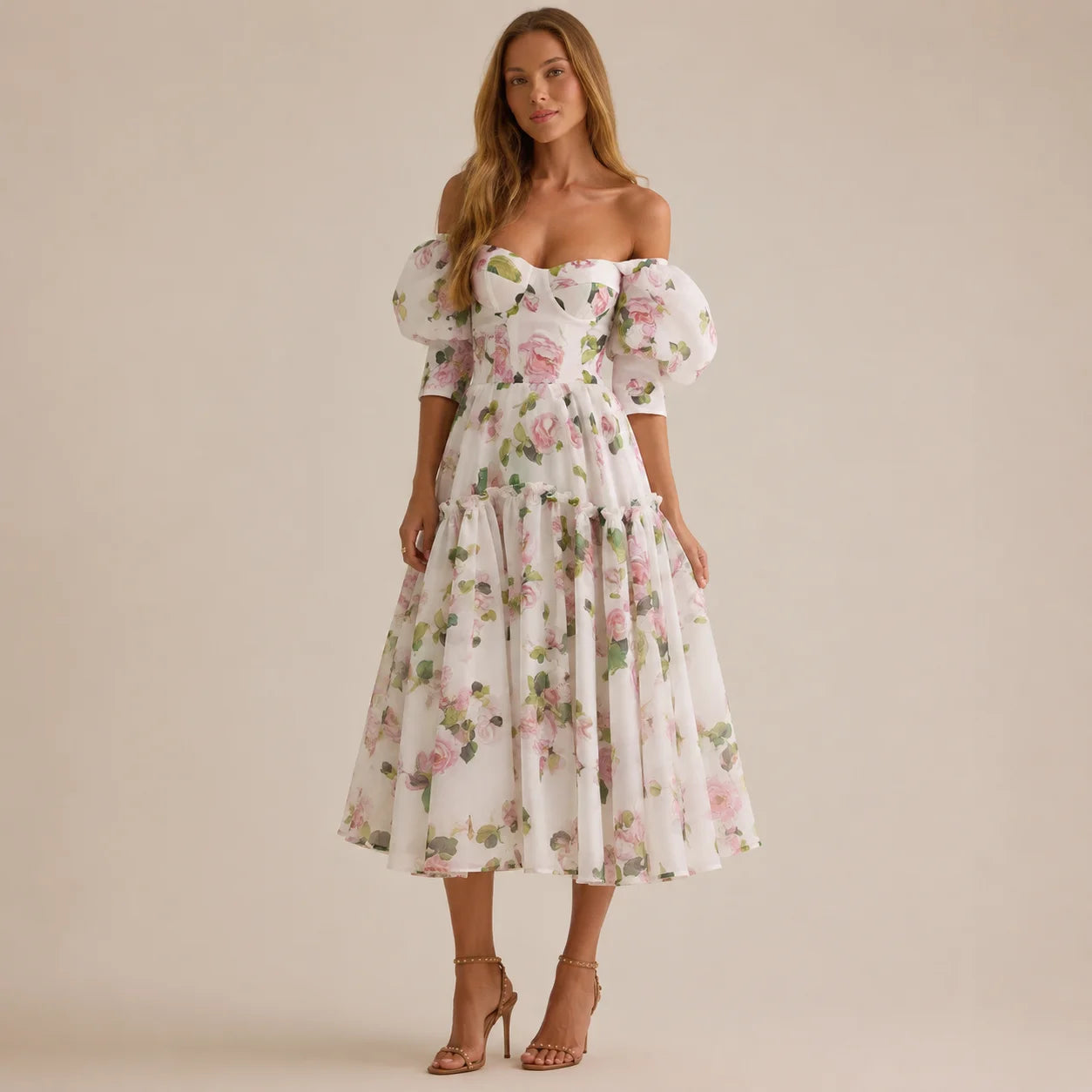 Floral off-shoulder evening dress