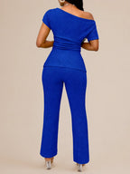 Solid Color Off-Shoulder Neckline Slit 2-Piece Set