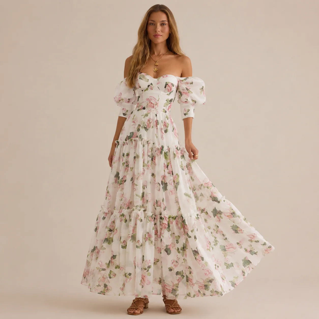 Floral off-shoulder evening dress