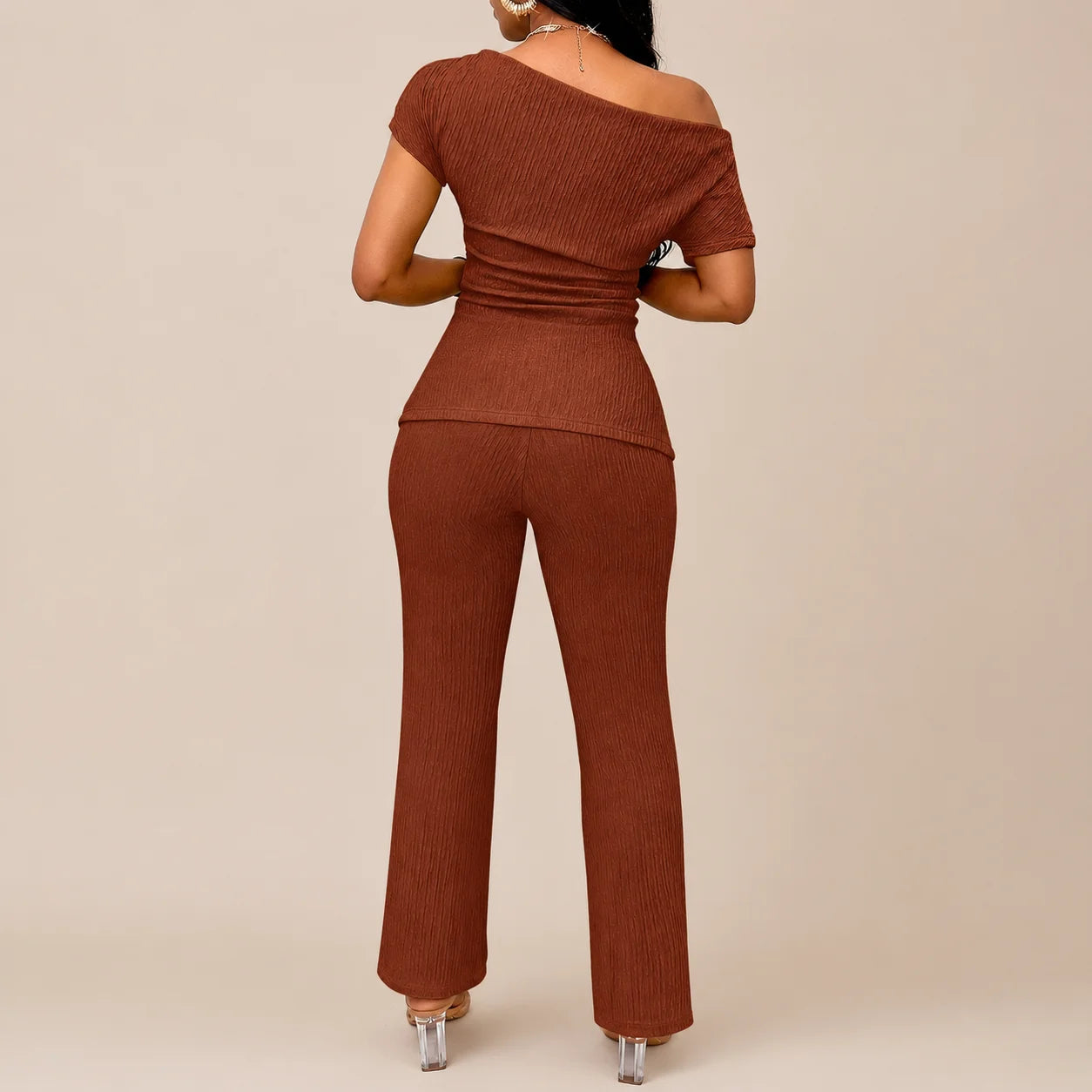 Solid Color Off-Shoulder Neckline Slit 2-Piece Set
