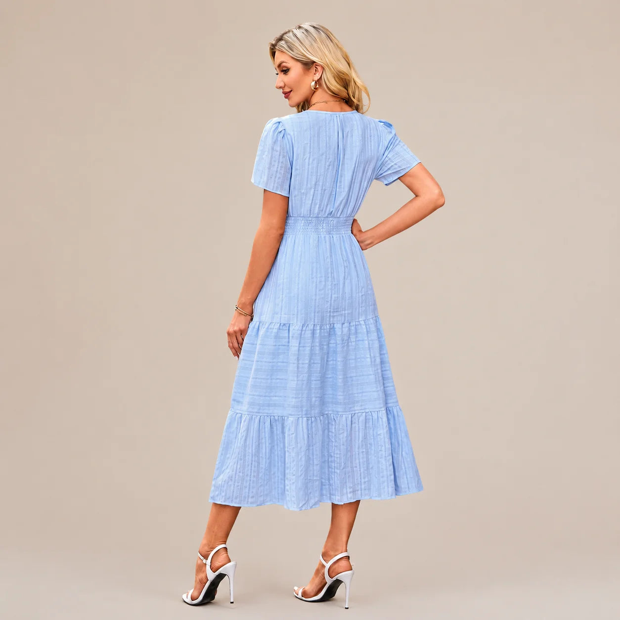 Casual Maxi Dress Lightweight Short Sleeve V Neck Boho Dress with Pockets