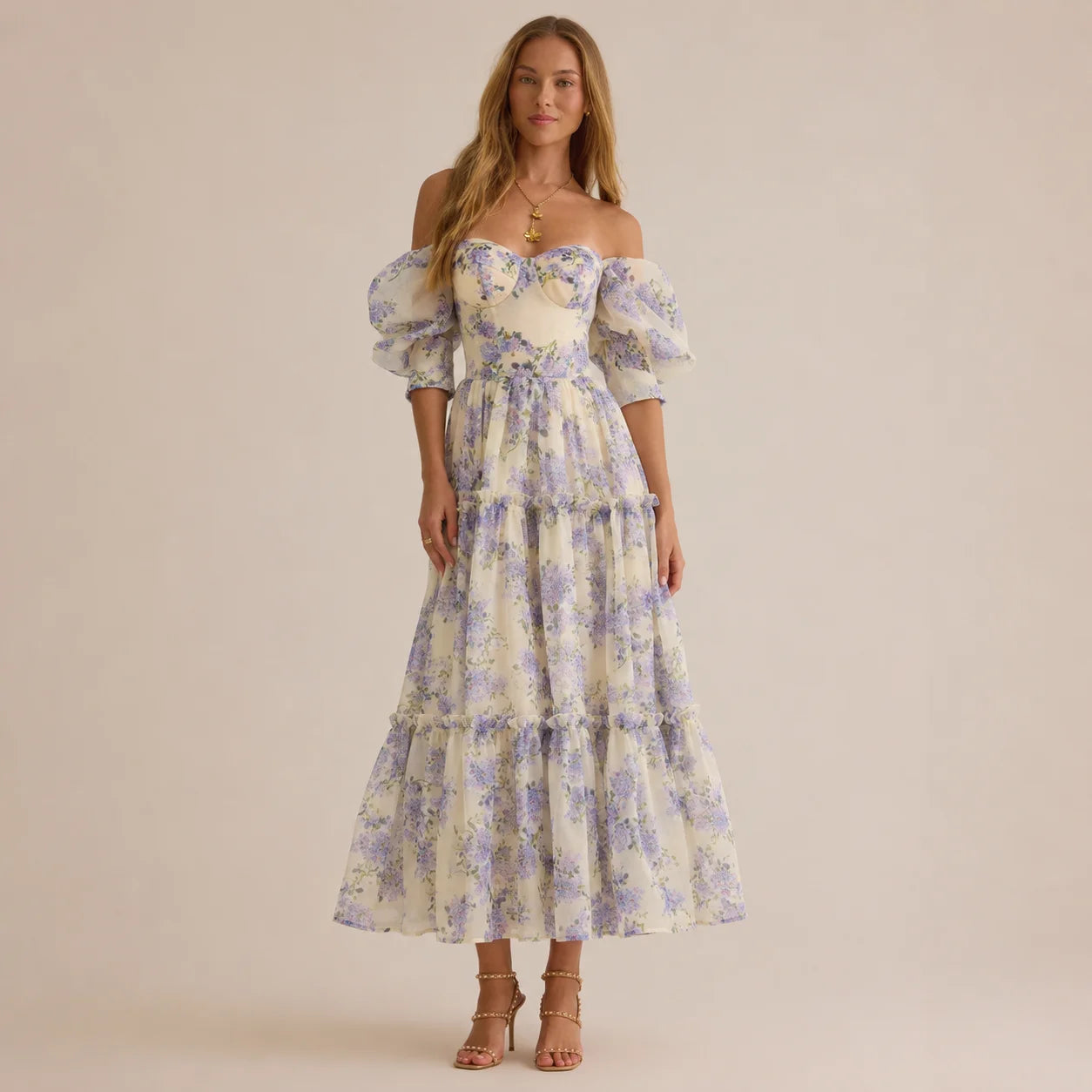Floral off-shoulder evening dress