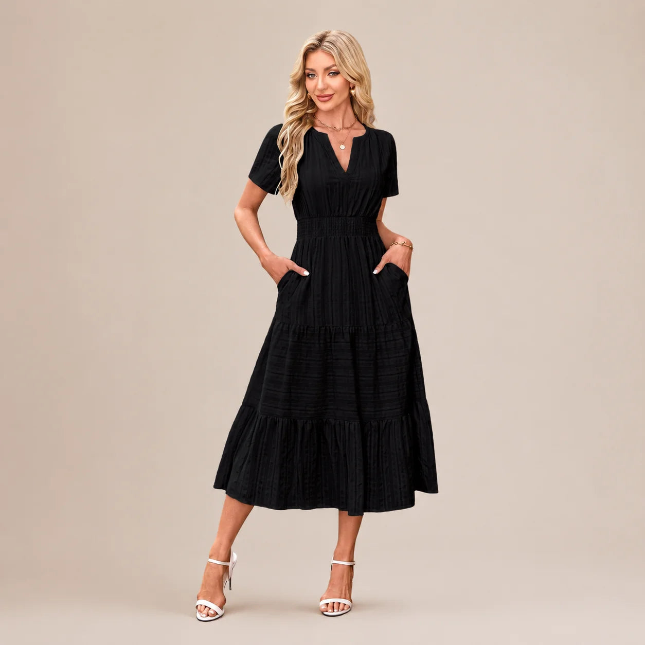 Casual Maxi Dress Lightweight Short Sleeve V Neck Boho Dress with Pockets