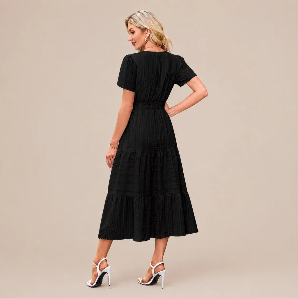 Casual Maxi Dress Lightweight Short Sleeve V Neck Boho Dress with Pockets