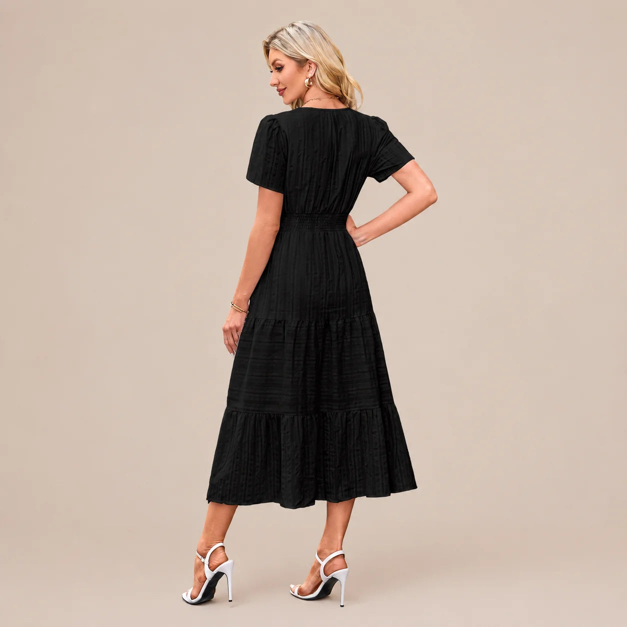 Casual Maxi Dress Lightweight Short Sleeve V Neck Boho Dress with Pockets