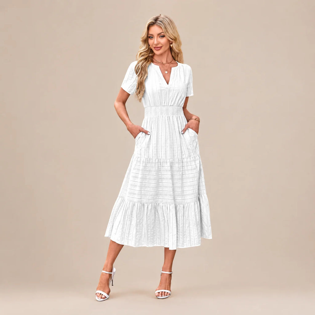 Casual Maxi Dress Lightweight Short Sleeve V Neck Boho Dress with Pockets