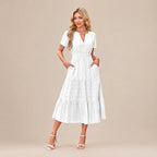Casual Maxi Dress Lightweight Short Sleeve V Neck Boho Dress with Pockets
