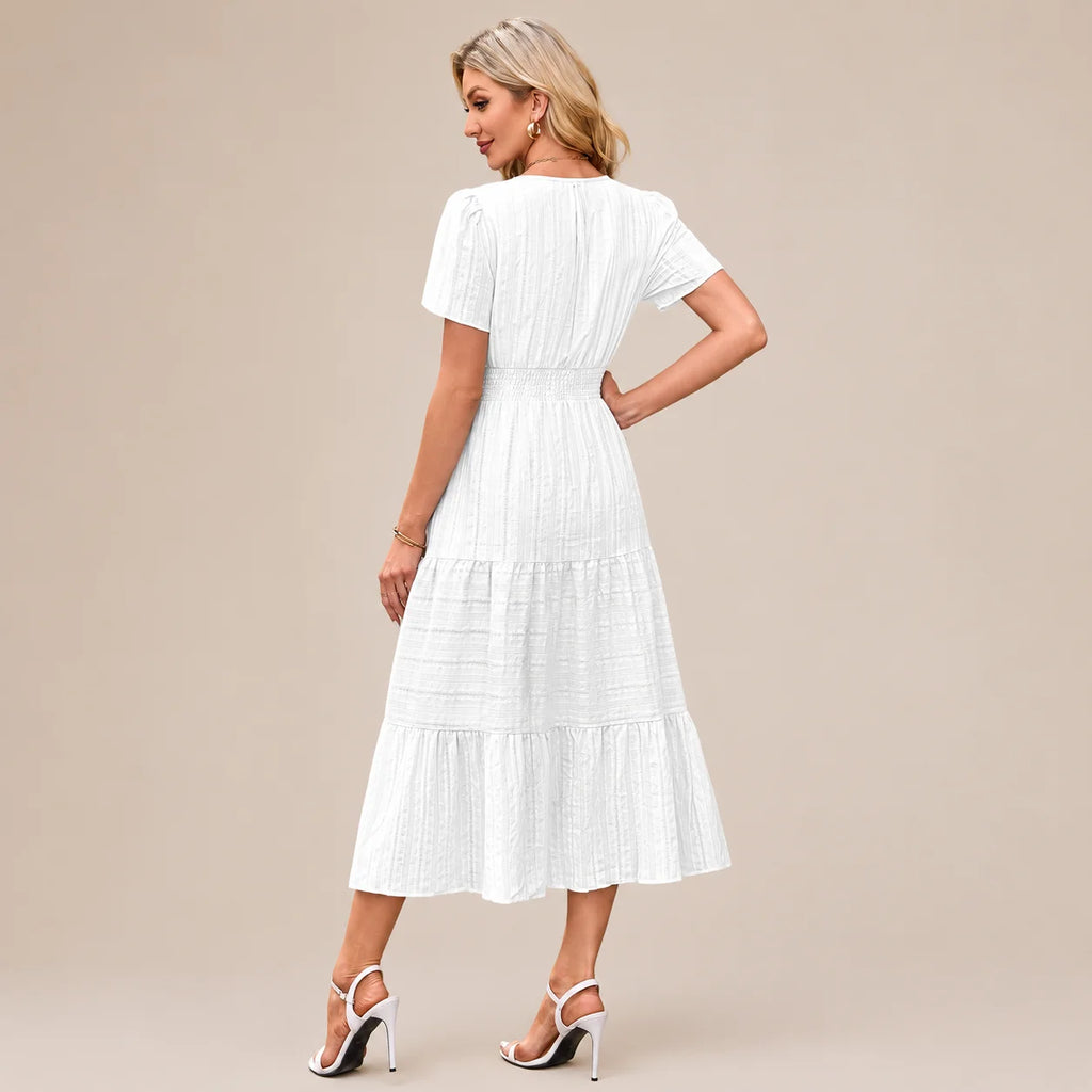Casual Maxi Dress Lightweight Short Sleeve V Neck Boho Dress with Pockets