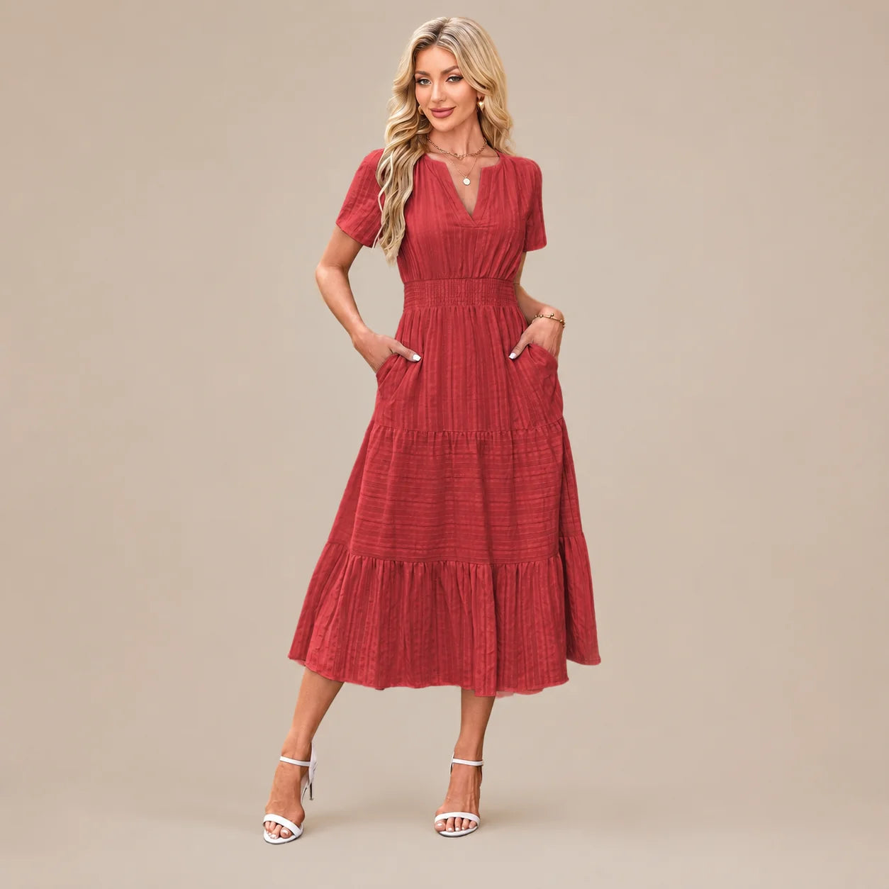 Casual Maxi Dress Lightweight Short Sleeve V Neck Boho Dress with Pockets